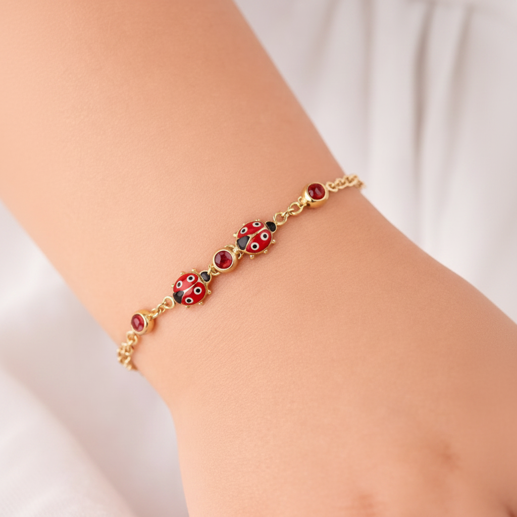 585 Gelbgold Kinderarmband mit Marienkäfern & roten Steinen