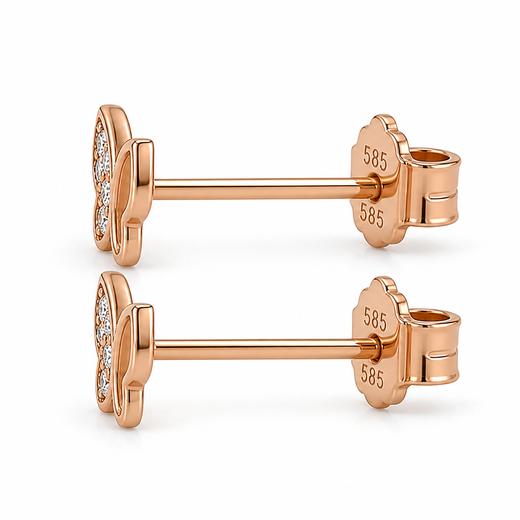 585 Rotgold Ohrstecker Schmetterling mit Zirkonia – 5 mm