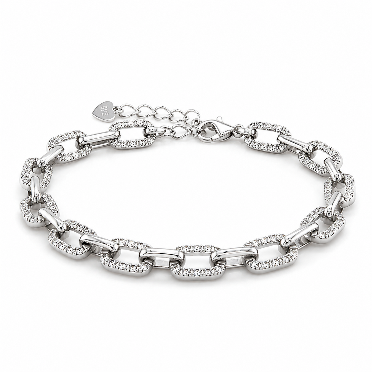 Silbernes Gliederarmband mit länglichen Paperclip-Gliedern und Zirkonia