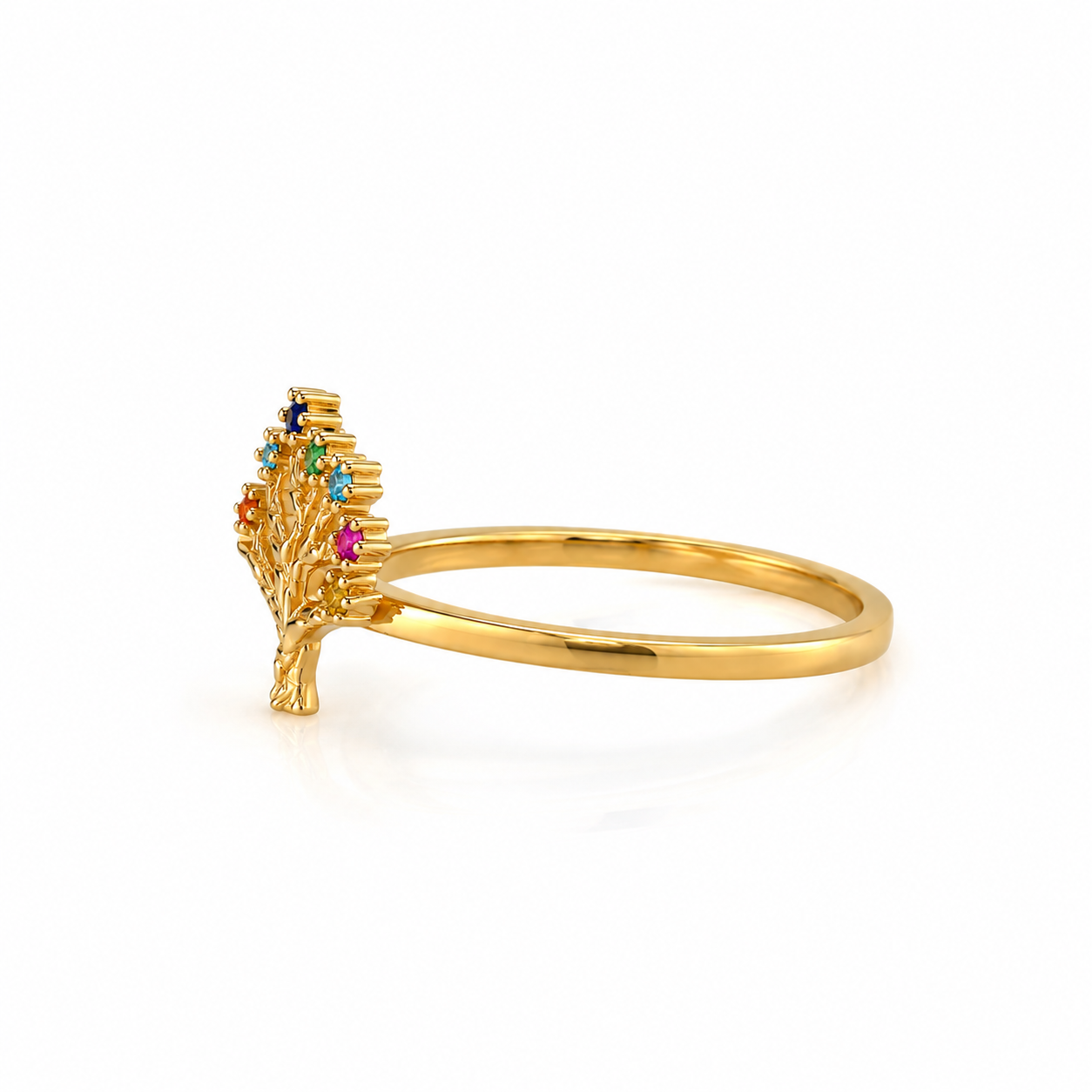 Lebensbaum Ring aus 585 Gelbgold mit buntem Zirkonia-Besatz in Seitenansicht