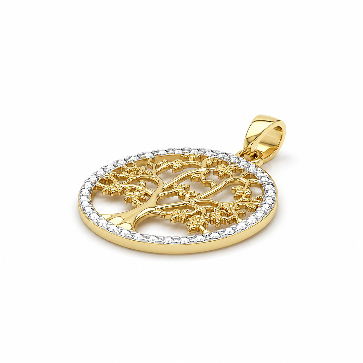 Lebensbaum Kettenanhänger aus 585 Gold mit diamantiertem Weißgoldrand in Schrägansich