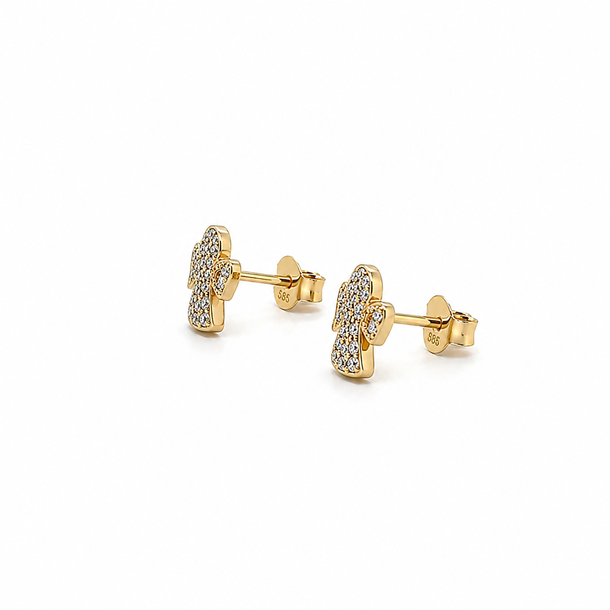 585 Gelbgold Ohrstecker Engel mit Zirkonia & Herzdetail – 6 mm