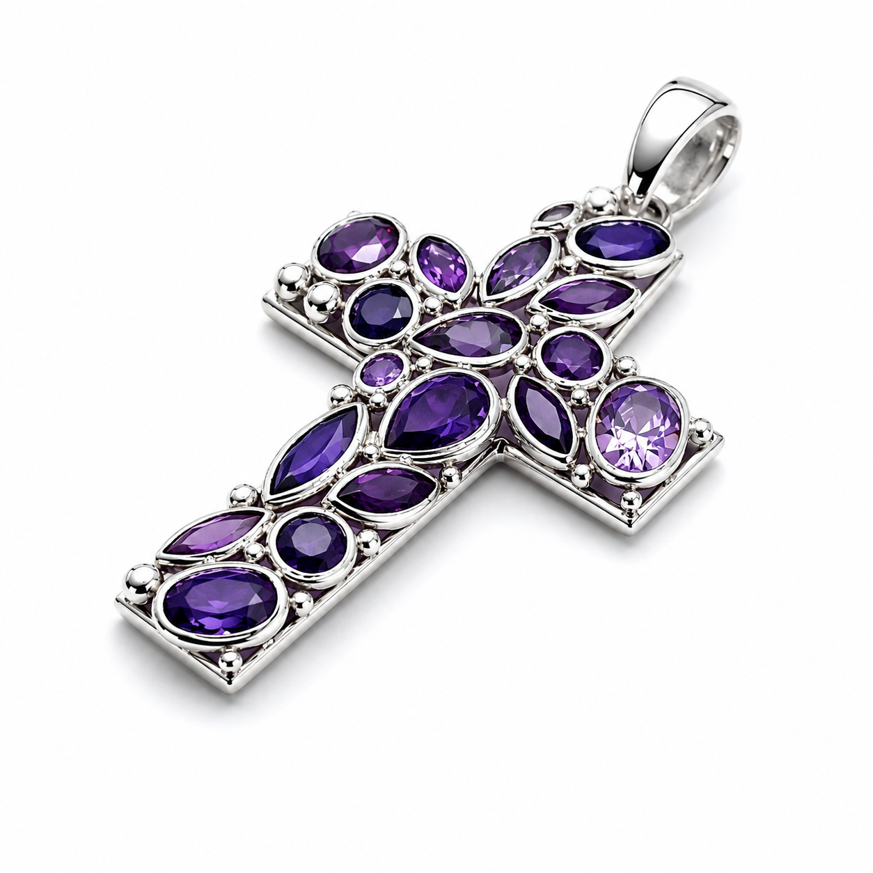 Kreuz Anhänger 585/- Weißgold mit synthetischem Amethyst – 45 mm
