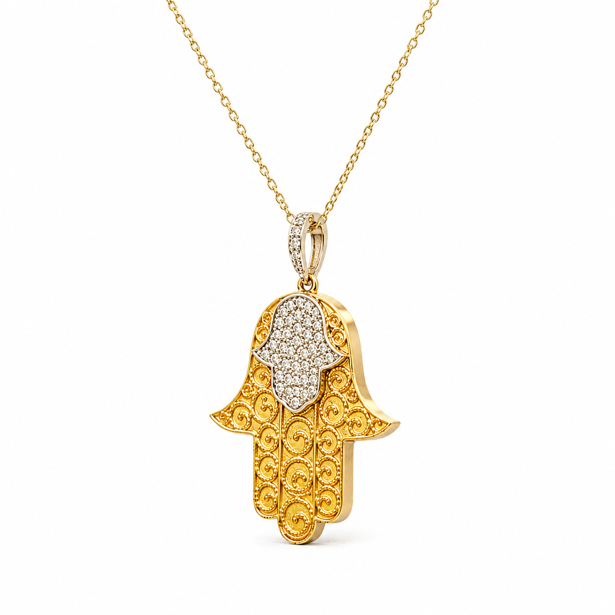 Hand der Fatima Kette 585 Gelbgold Bicolor mit Zirkonia