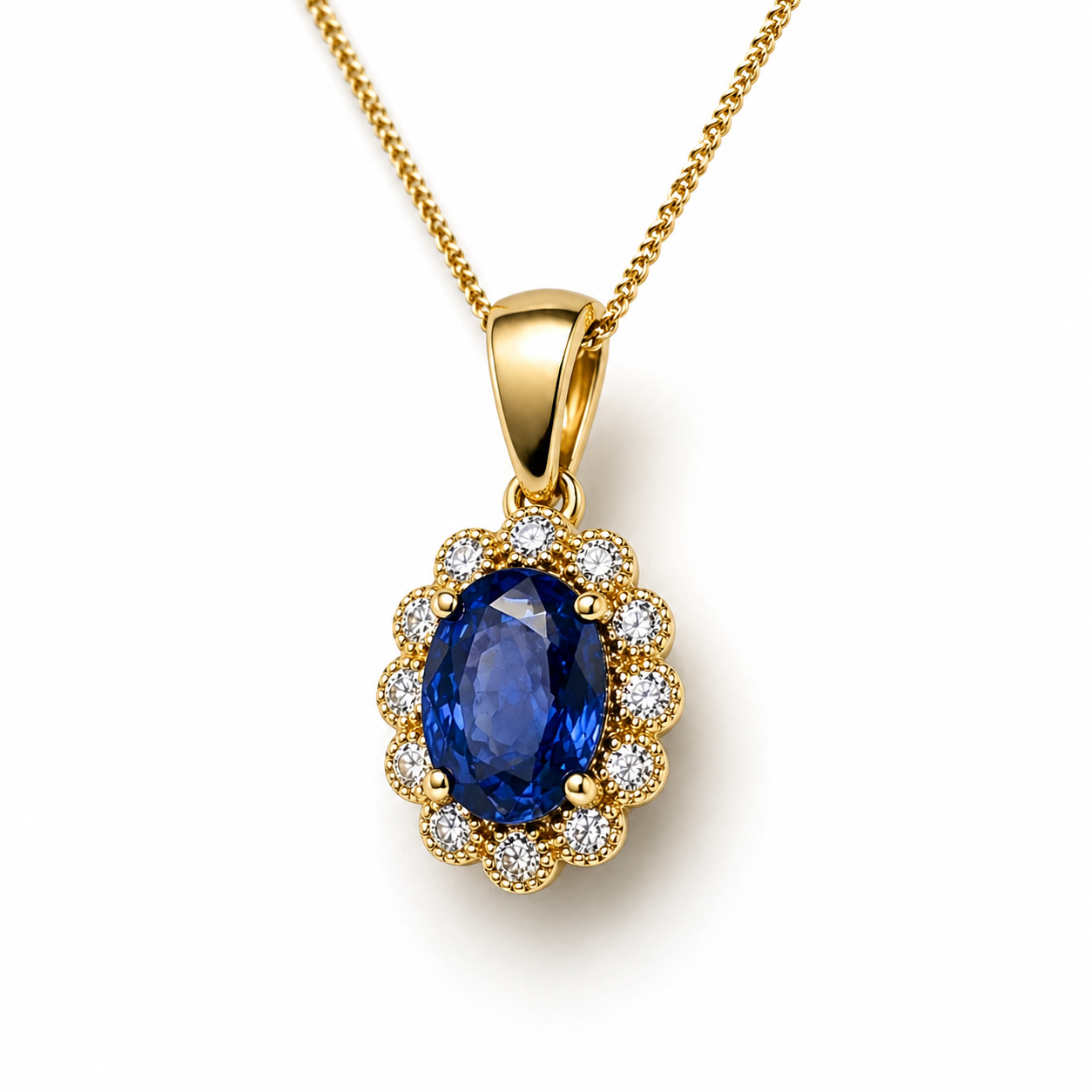 Goldkette getragen mit Saphir und Brillanten elegant