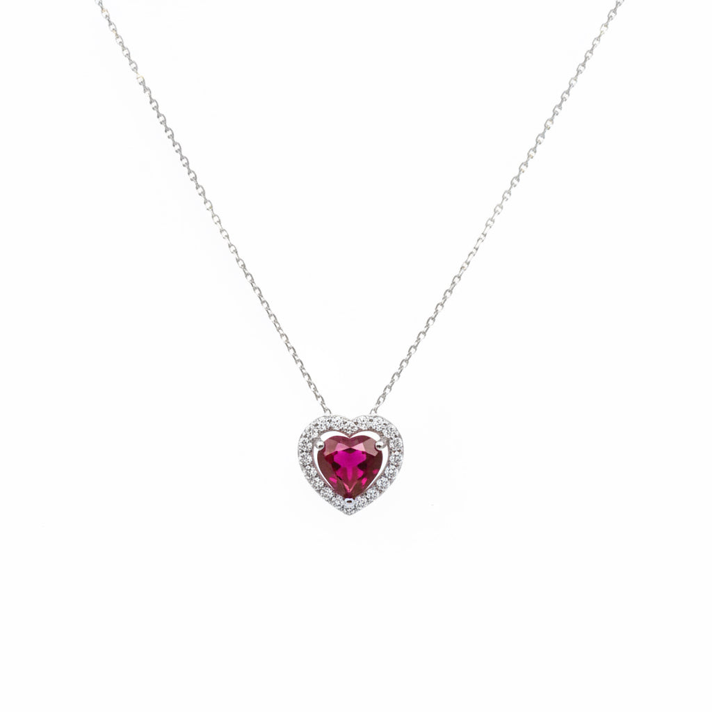 Weißgoldkette mit Rubin- und Brillant-Anhänger in Herzform