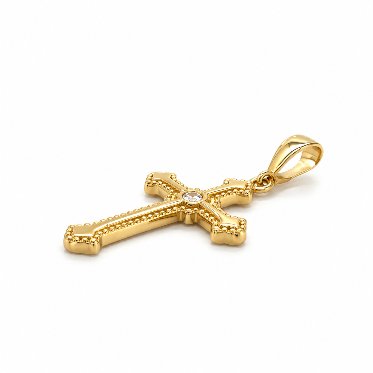 Goldkreuz 585 Gold mit Zirkonia und dekorativer Kontur Schrägansicht