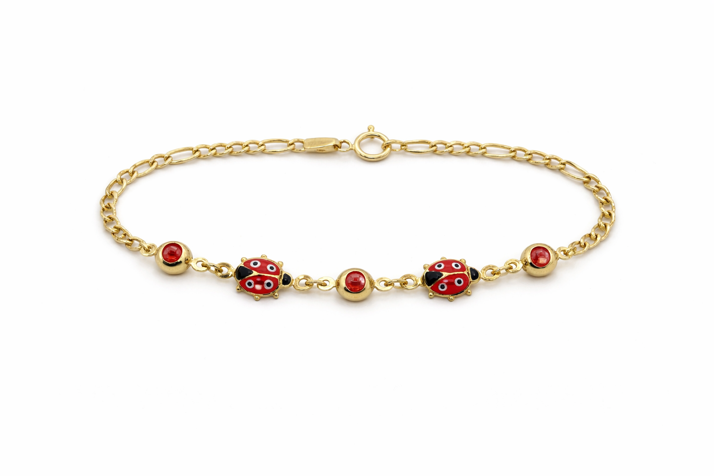585 Gelbgold Kinderarmband mit Marienkäfern & roten Steinen