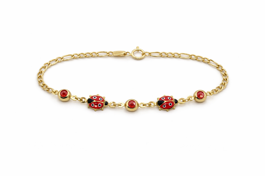585 Gelbgold Kinderarmband mit Marienkäfern & roten Steinen