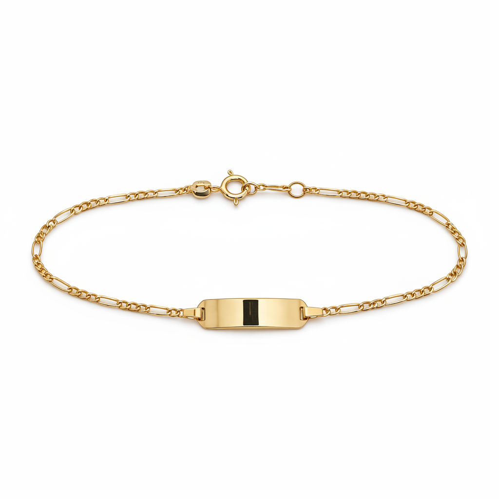 585 Gelbgold Figaro-Armband mit Gravurplatte (14/16cm)