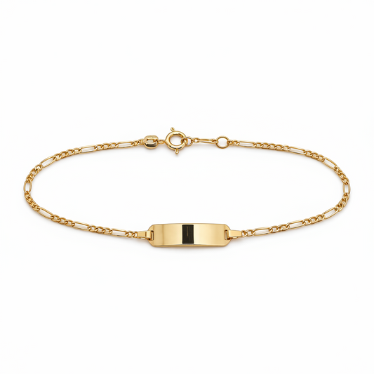 585 Gelbgold Figaro-Armband mit Gravurplatte (14/16cm)