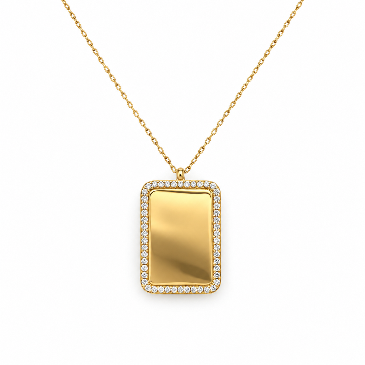 585 Gelbgold Kette mit rechteckiger Gravurplatte und Zirkonia