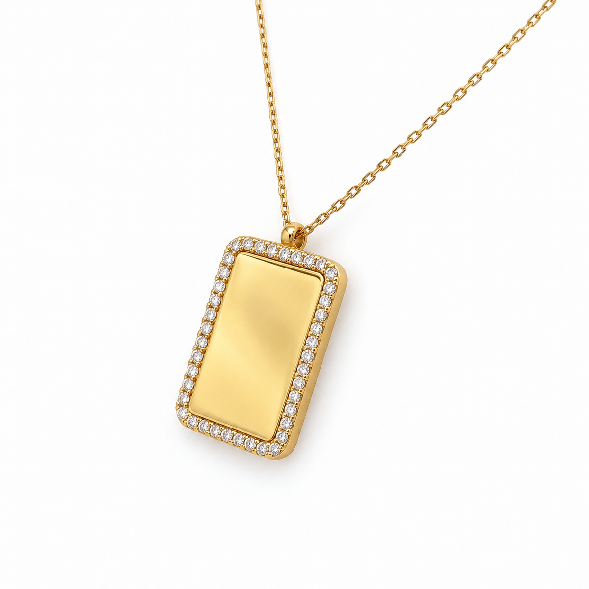 585 Gelbgold Kette mit rechteckiger Gravurplatte und Zirkonia