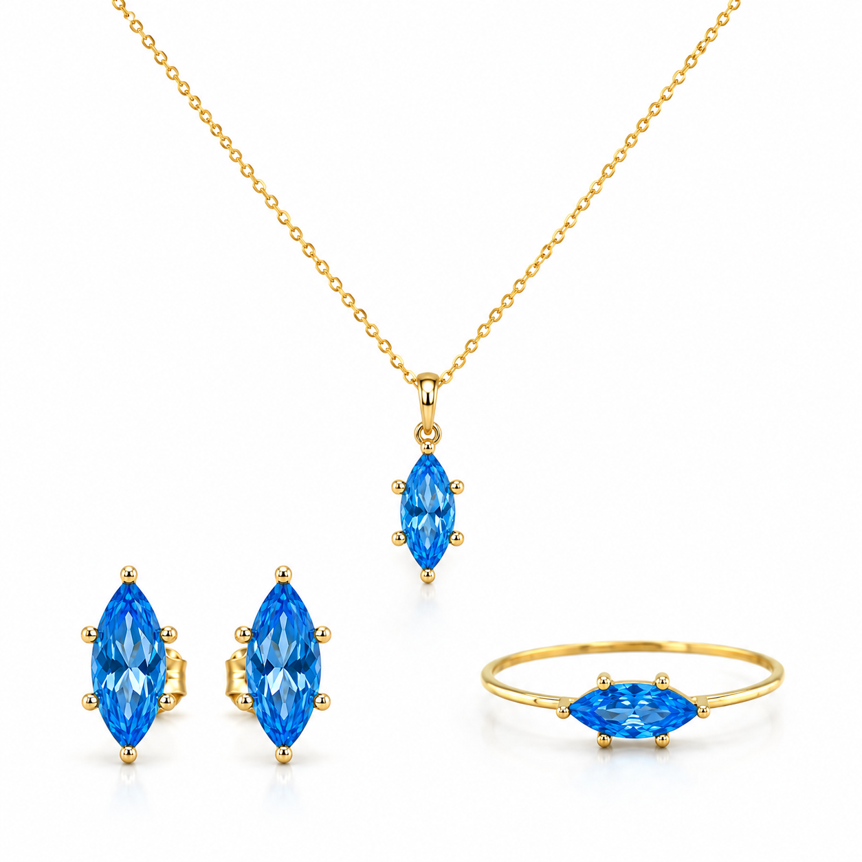 Schmuckset aus 585 Gelbgold mit blauem Zirkonia in Navetteform