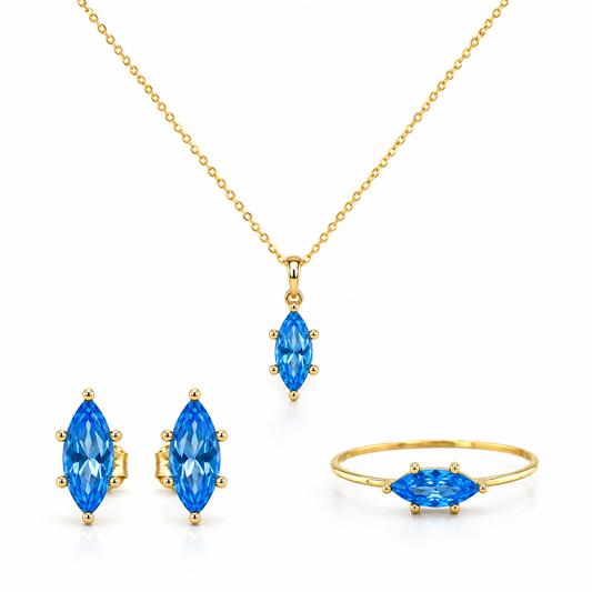 Schmuckset aus 585 Gelbgold mit blauem Zirkonia in Navetteform