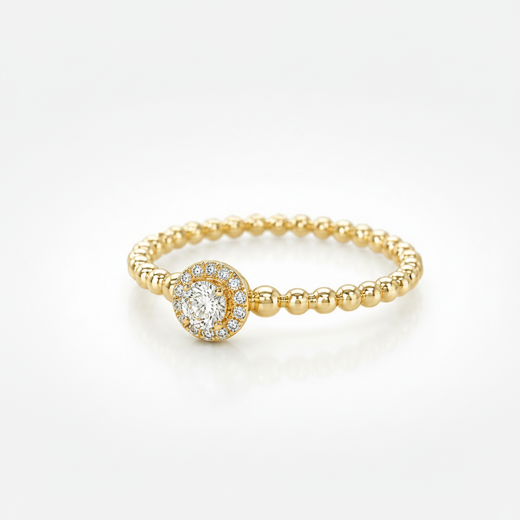 Brillantring mit Perlenschiene und funkelndem Halo-Design aus Gelbgold