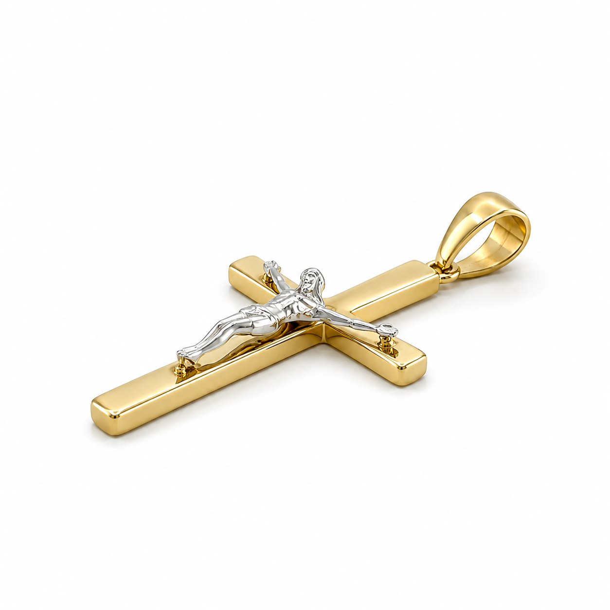 Jesus Kreuz Anhänger aus Gelbgold und Weißgold ohne Kette