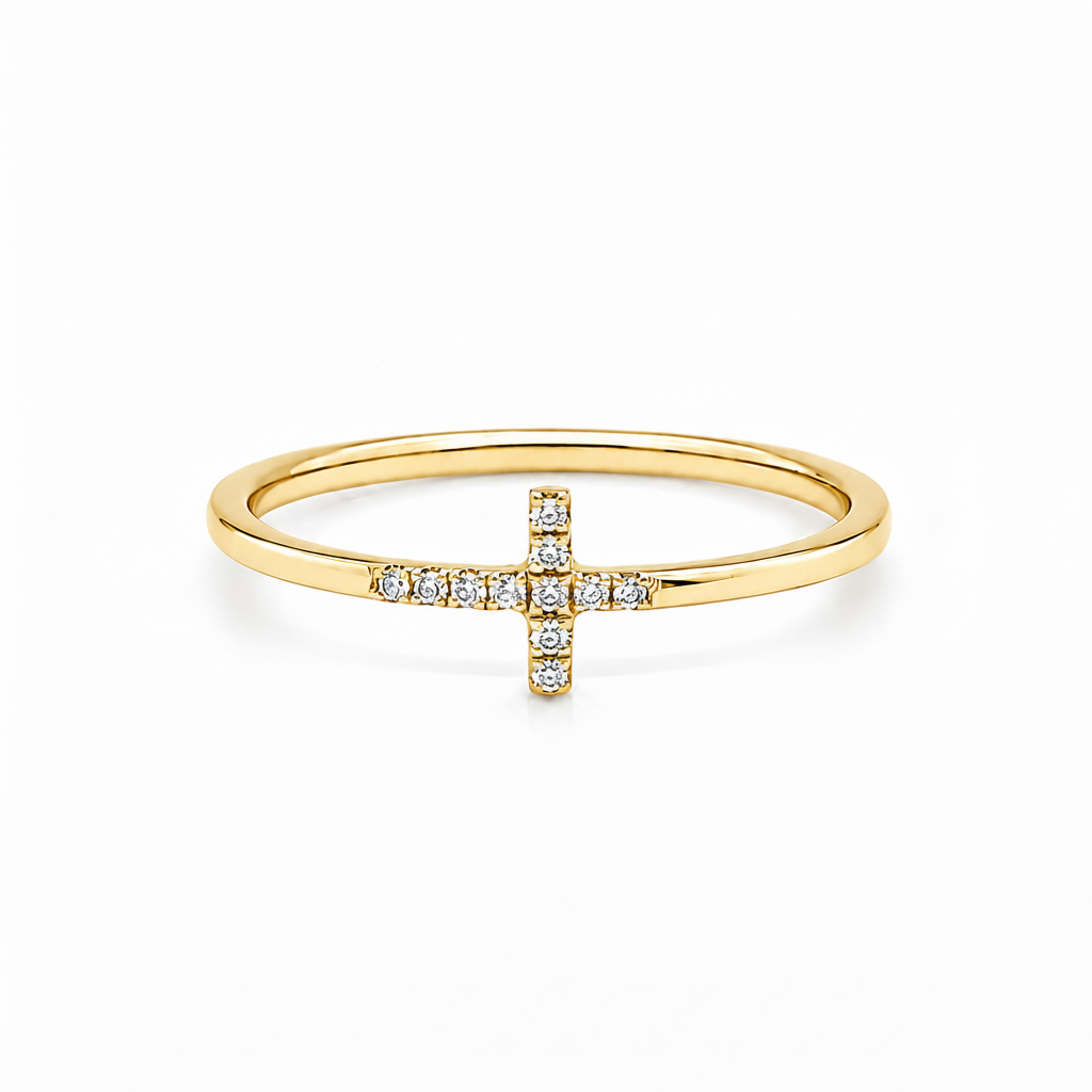 Kreuzring 750 Gelbgold mit Brillanten Frontansicht