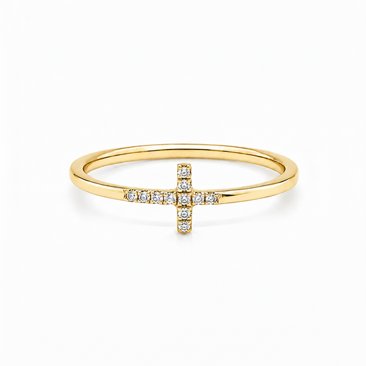 Kreuzring 750 Gelbgold mit Brillanten Frontansicht