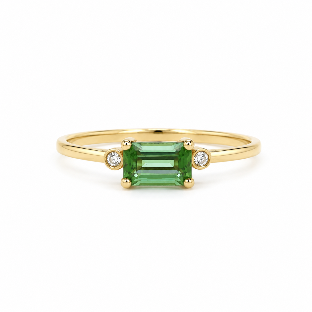 Turmalinring 585 Gelbgold mit grünem Turmalin im Smaragdschliff und Brillanten