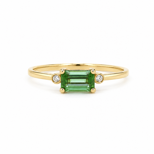 Turmalinring 585 Gelbgold mit grünem Turmalin im Smaragdschliff und Brillanten