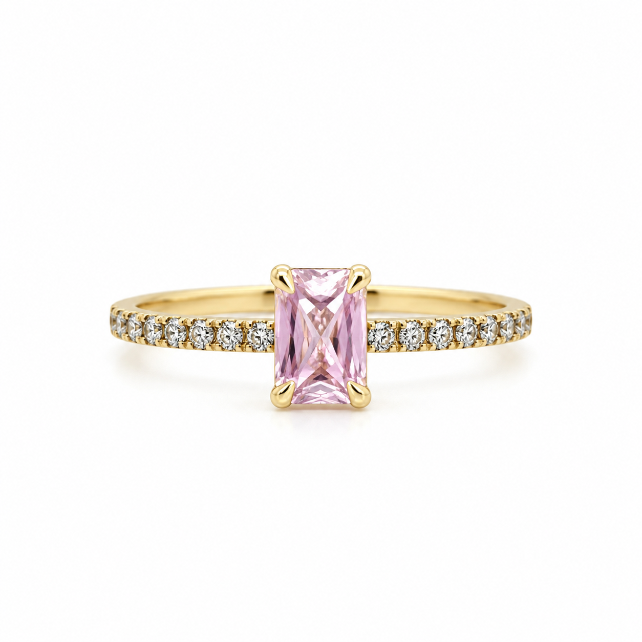 Rosenquarzring aus 585 Gelbgold mit Brillanten in Frontansicht