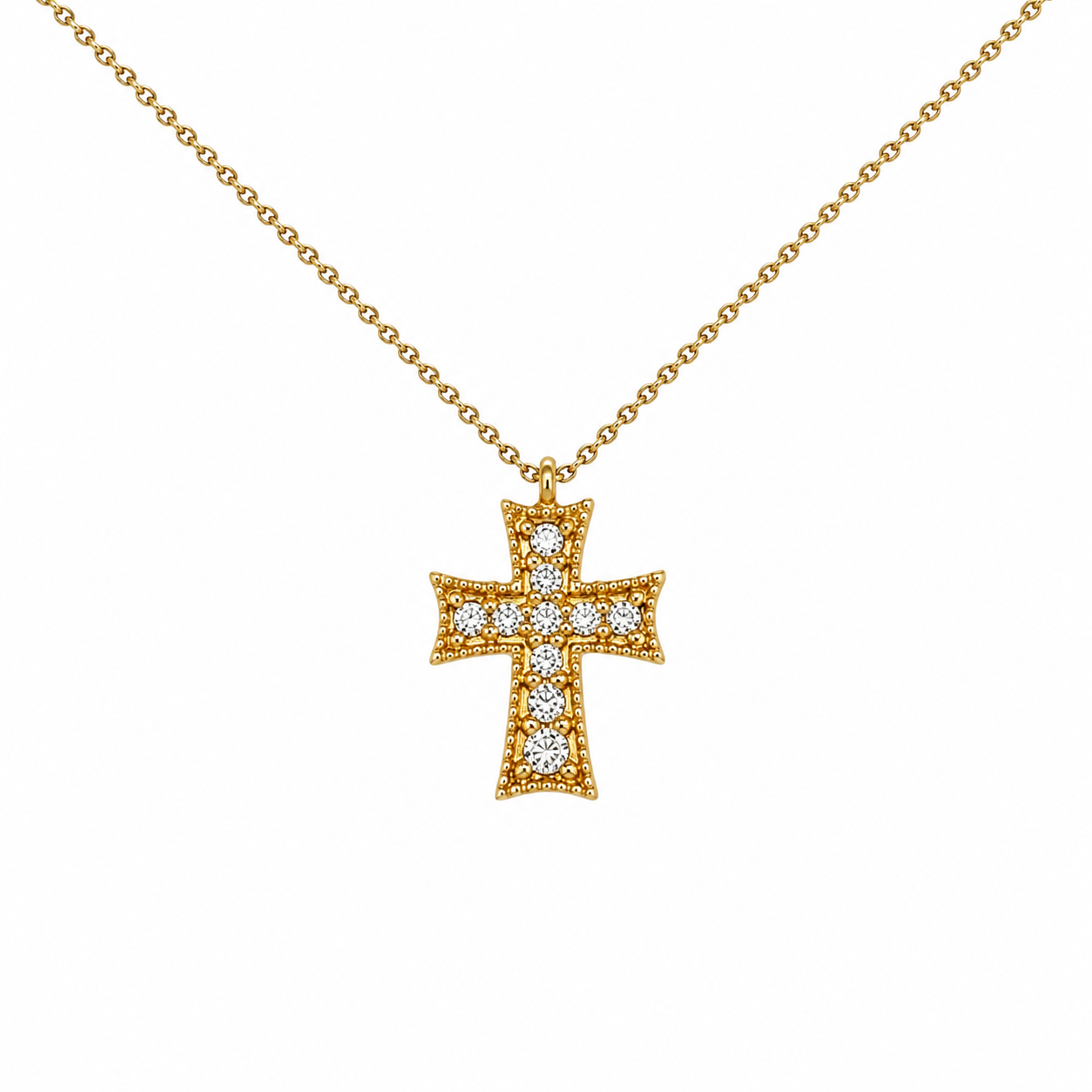 Kreuzkette aus 750 Gold mit Brillanten 0,11 ct. G-VS und 42 cm Kettenlänge auf weißem Hintergrund.