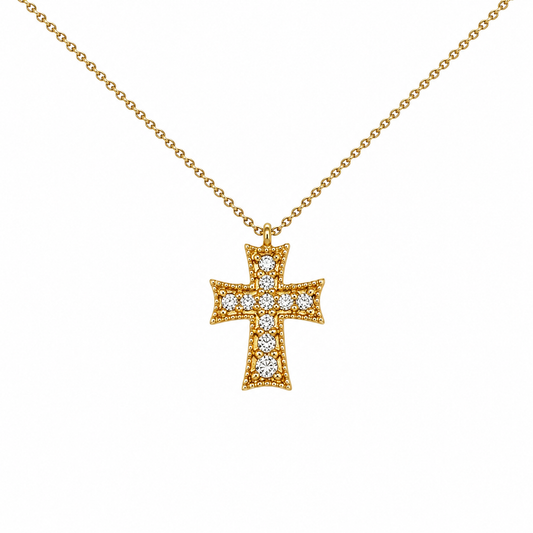 Kreuzkette aus 750 Gold mit Brillanten 0,11 ct. G-VS und 42 cm Kettenlänge auf weißem Hintergrund.