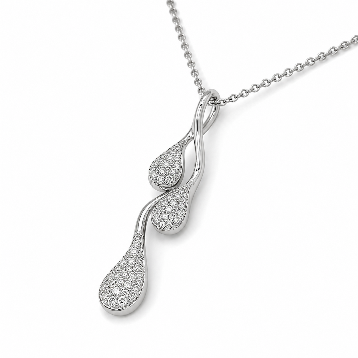 Brillantkette aus 750 Weißgold mit geschwungenem Tropfen-Anhänger