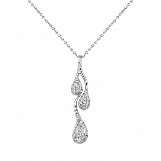 Brillantkette aus 750 Weißgold mit geschwungenem Tropfen-Anhänger, 0,20 ct. TW-SI Brillanten und 42 cm Kettenlänge.