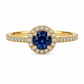 750 Gelbgold Ring mit blauem Saphir und Brillanten in Halo-Fassung