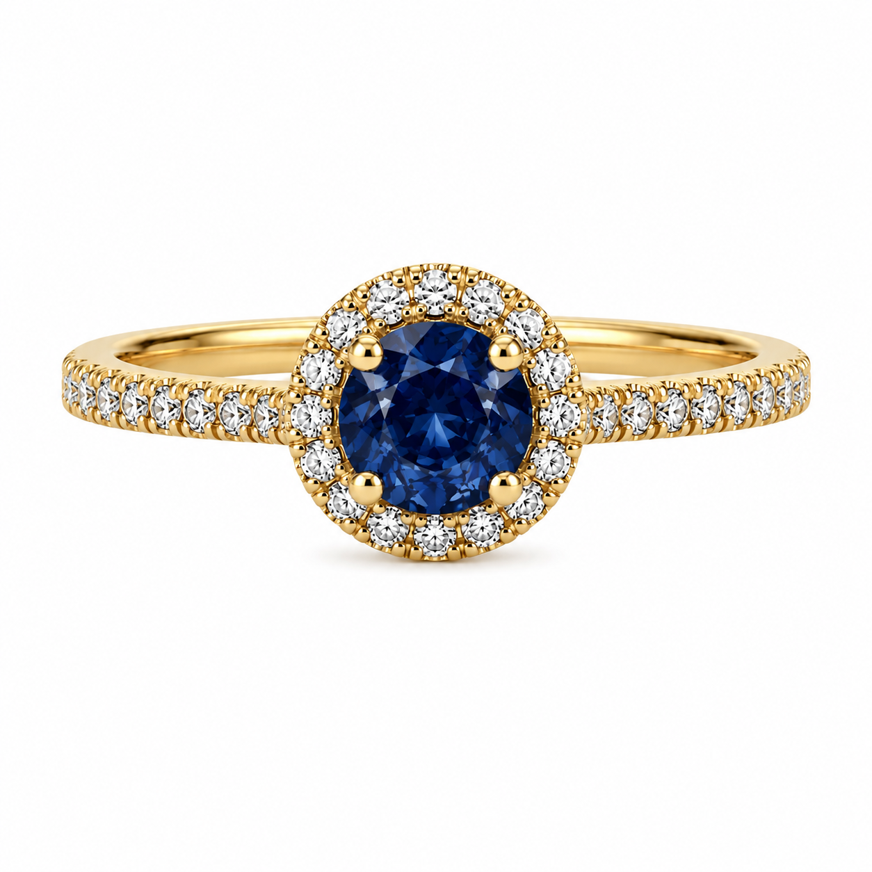 750 Gelbgold Ring mit blauem Saphir und Brillanten in Halo-Fassung