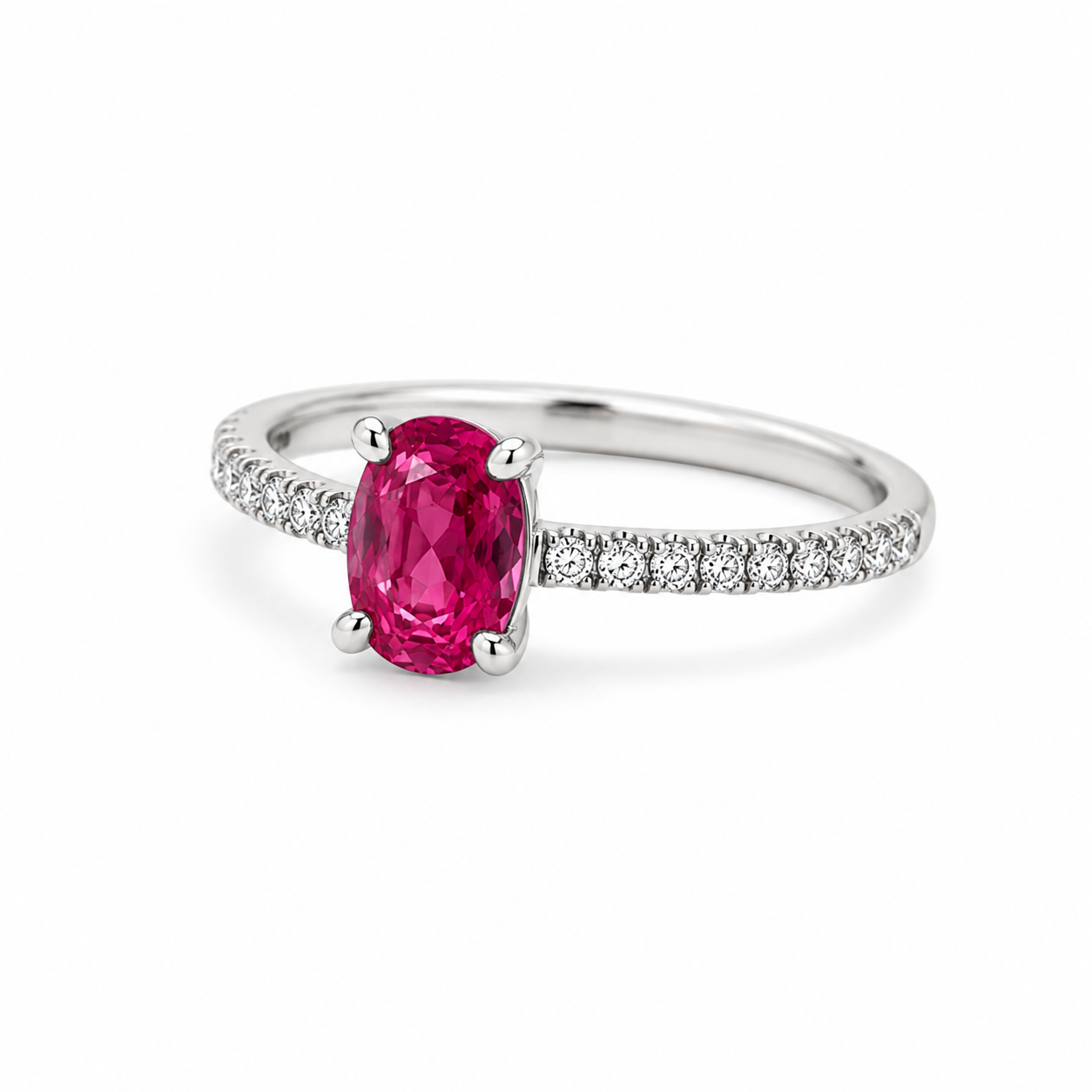 Ring 750 Weißgold mit pinkem Saphir 1,04 ct. und Brillanten 0,15 ct. G-VS – Größe 54