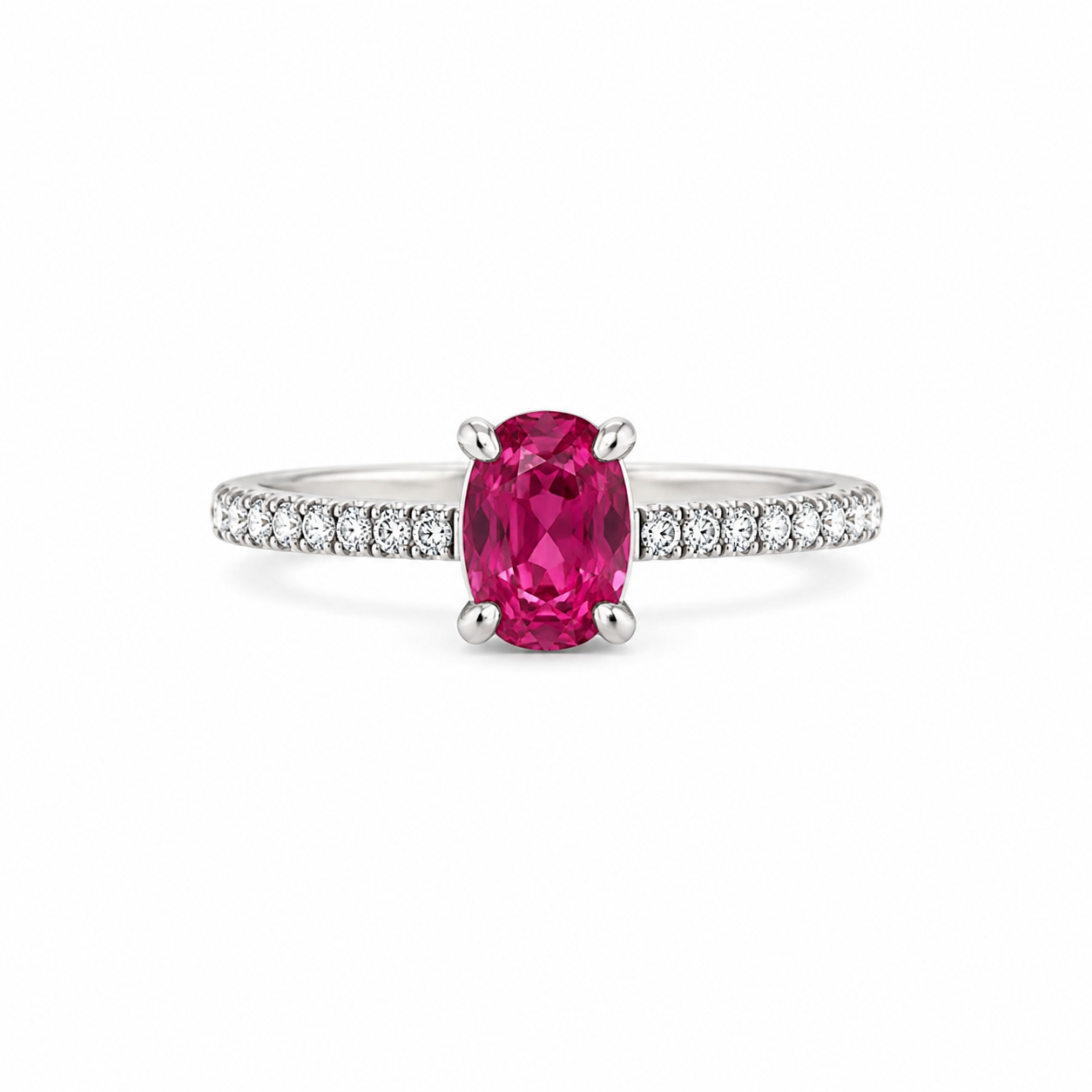 Ring aus 750 Weißgold mit pinkem Saphir 1,04 ct. und Brillanten 0,15 ct. G-VS in Ringgröße 54 auf weißem Hintergrund.