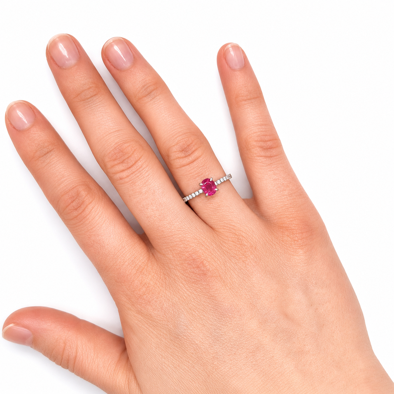 Ring 750 Weißgold mit pinkem Saphir 1,04 ct. und Brillanten 0,15 ct. G-VS – Größe 54