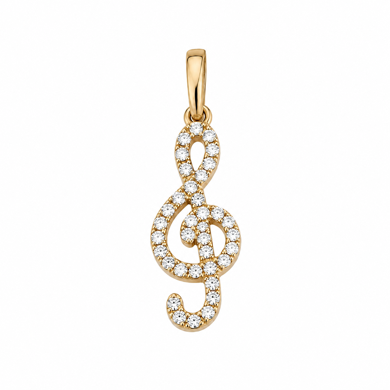 Notenschlüssel Anhänger aus 585 Gelbgold mit funkelnden Zirkonia. 