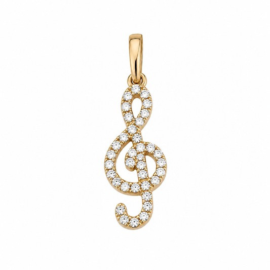 Notenschlüssel Anhänger aus 585 Gelbgold mit funkelnden Zirkonia. 