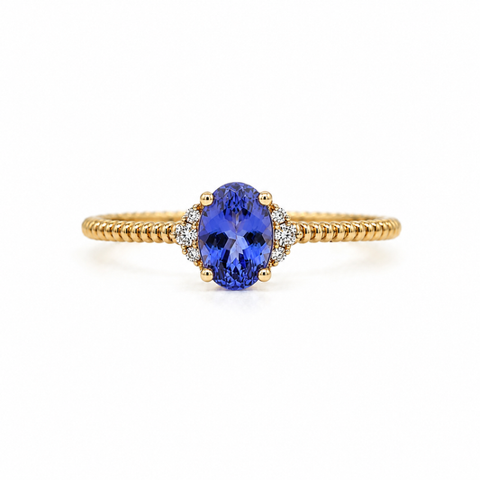 Ring aus 585 Gelbgold mit ovalem 0,53 ct Tansanit und 0,04 ct Brillanten in G-VS Qualität, Ringgröße 56