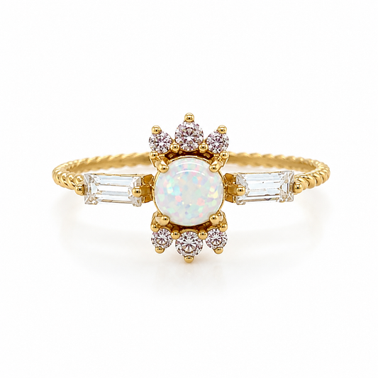Opalring mit rundem synthetischem Opal und Zirkonia