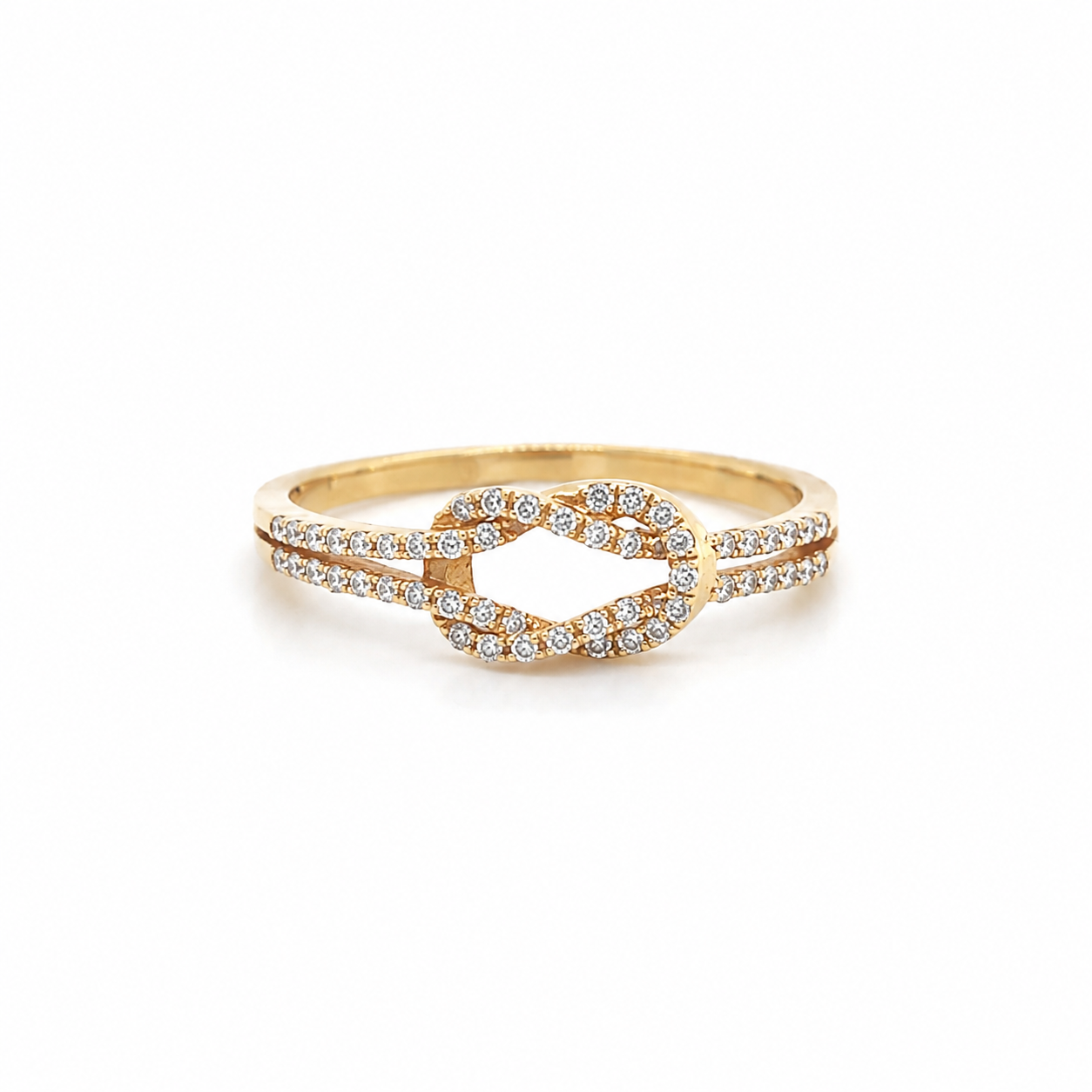 Brillantring aus 585/-Gelbgold mit natürlichen H/SI-Brillanten im modernen Knoten-Design mit doppelter Ringschiene.