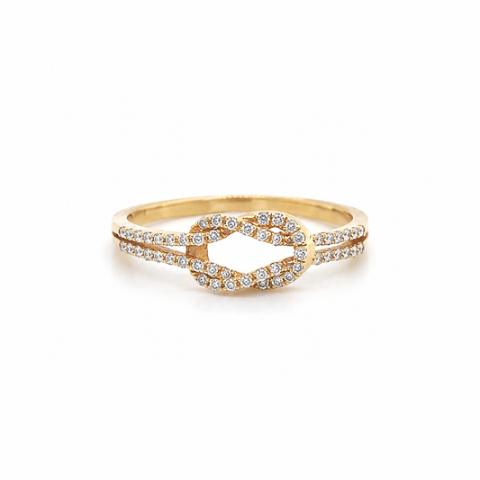 Brillantring aus 585/-Gelbgold mit natürlichen H/SI-Brillanten im modernen Knoten-Design mit doppelter Ringschiene.