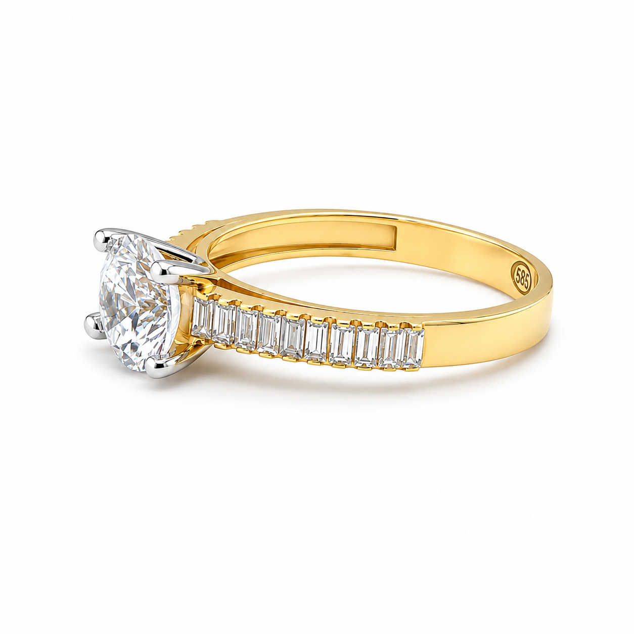 585 Gelbgold Verlobungsring mit Zirkonia – Solitär Ring mit Pavé-Schiene – Größe 56,5