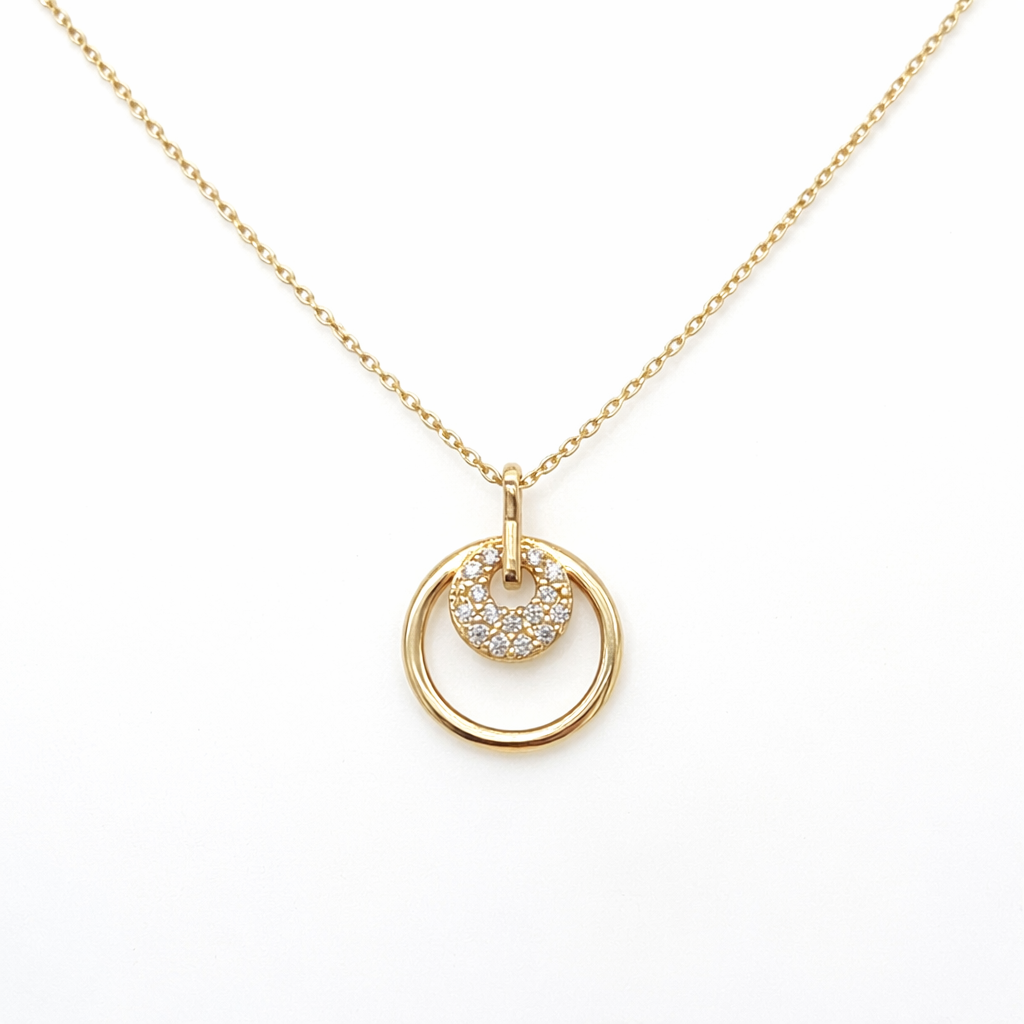 585 Gelbgold Kette mit Zirkonia Anhänger im Doppelkreis-Design