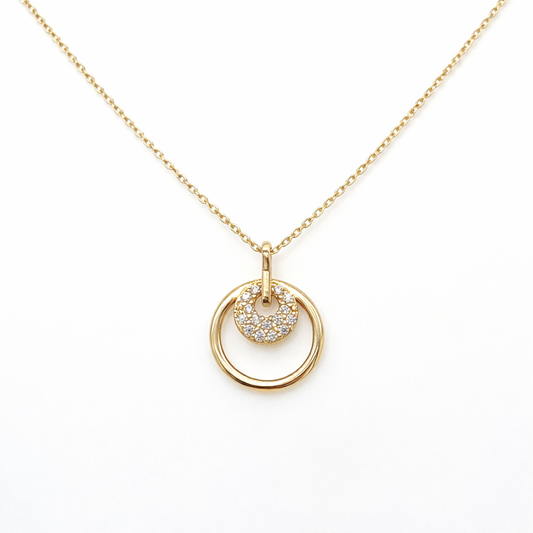 585 Gelbgold Kette mit Zirkonia Anhänger im Doppelkreis-Design