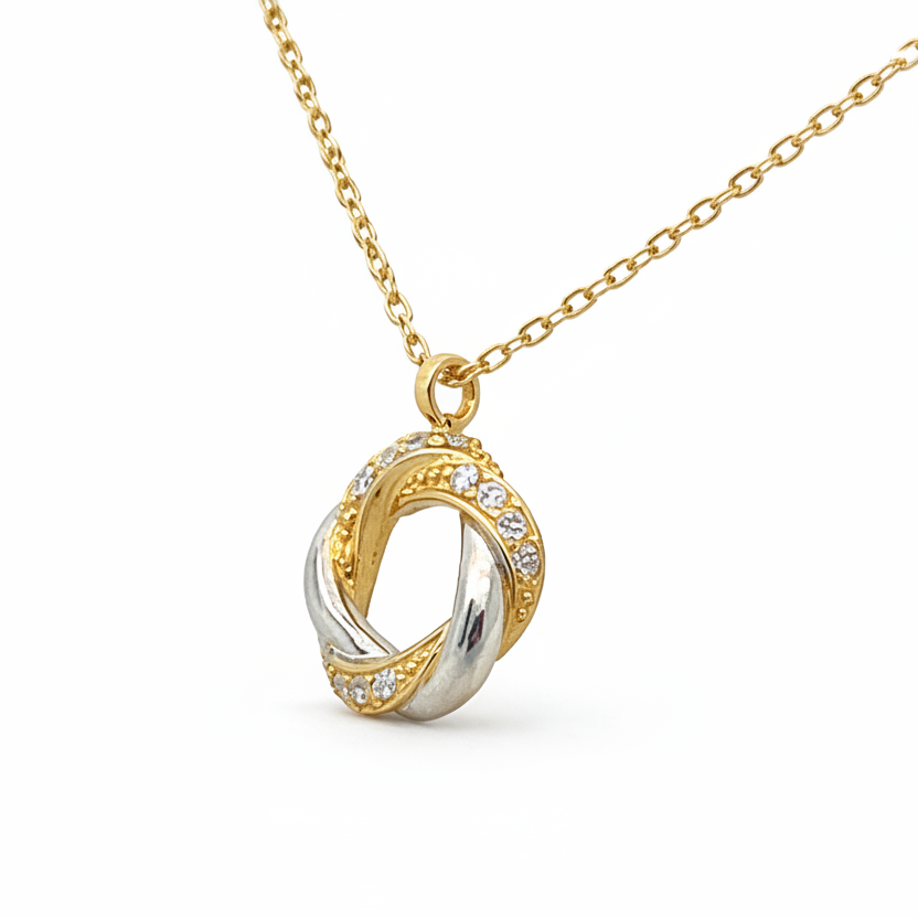 Bicolor Knoten Halskette aus 585 Gelbgold und Weißgold mit Zirkonia, 45 cm Länge