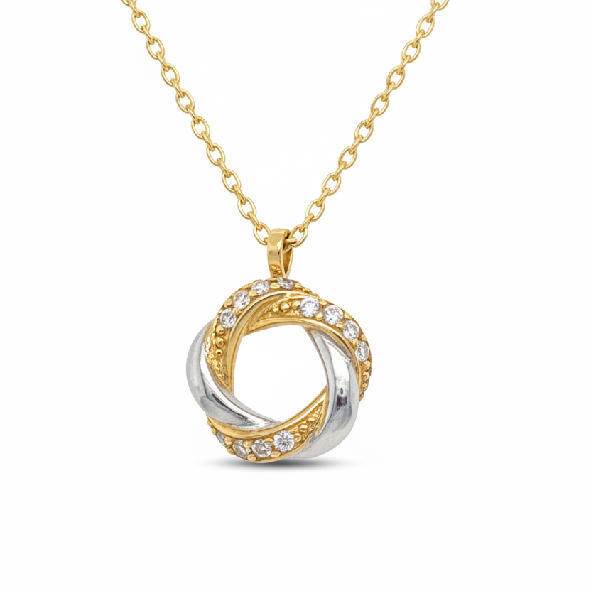 Bicolor Knoten Halskette aus 585 Gelbgold und Weißgold mit Zirkonia, 45 cm Länge
