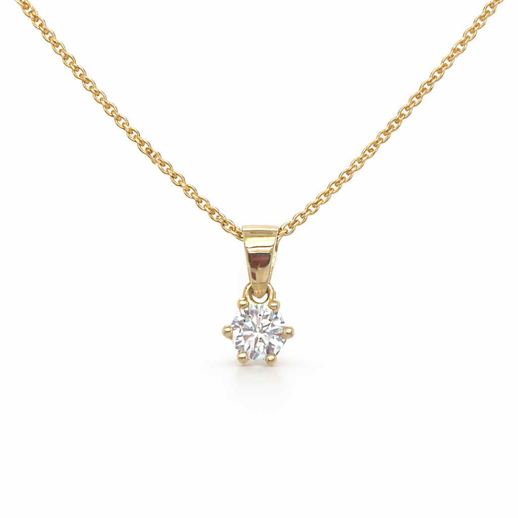 585 Gelbgold Kette 38 cm mit Solitär Zirkonia Anhänger Krappenfassung Frontansicht