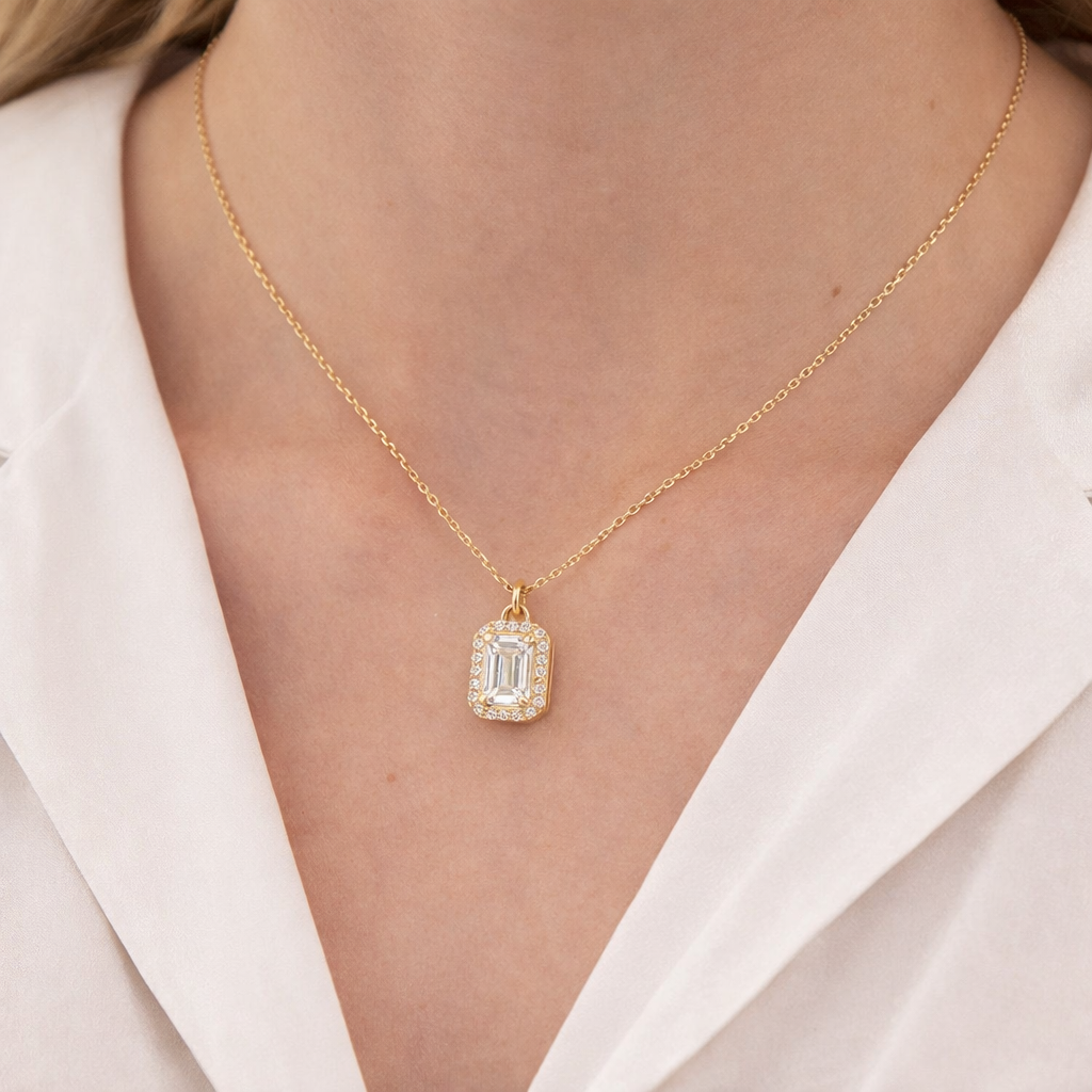 585 Gelbgold Kette mit Zirkonia Anhänger – Rechteck Solitär & Pavé