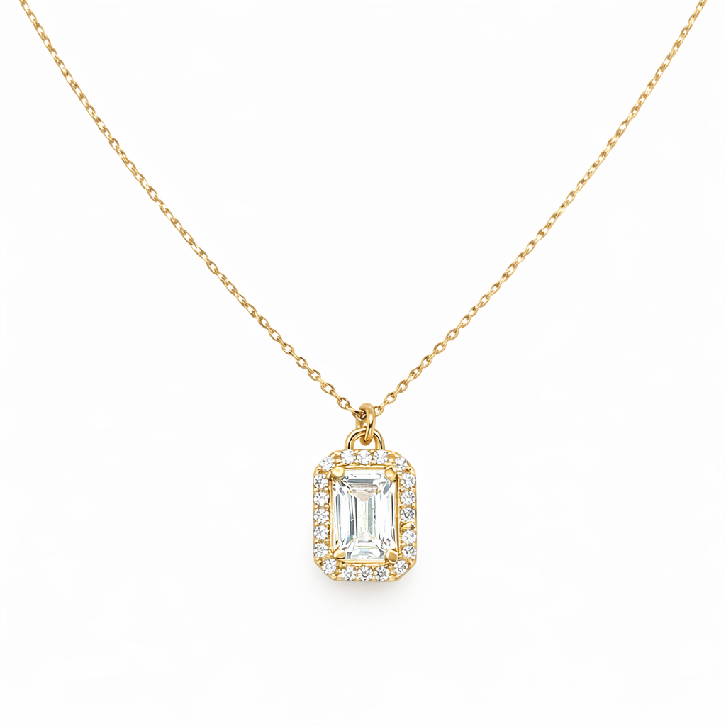 585 Gelbgold Kette mit Zirkonia Anhänger – Rechteck Solitär & Pavé