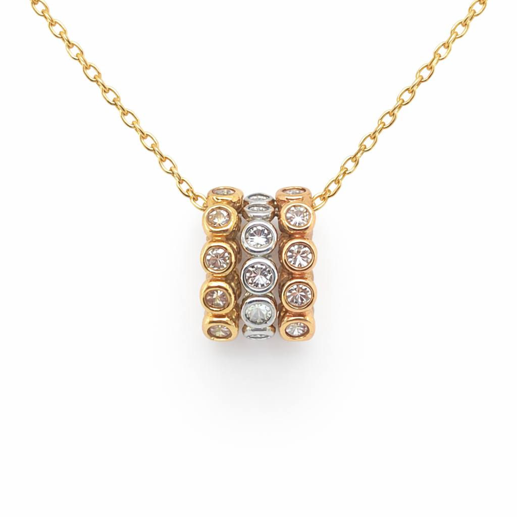 585 Gelbgold Kette mit Zirkonia Anhänger – Tricolor Pavé Design